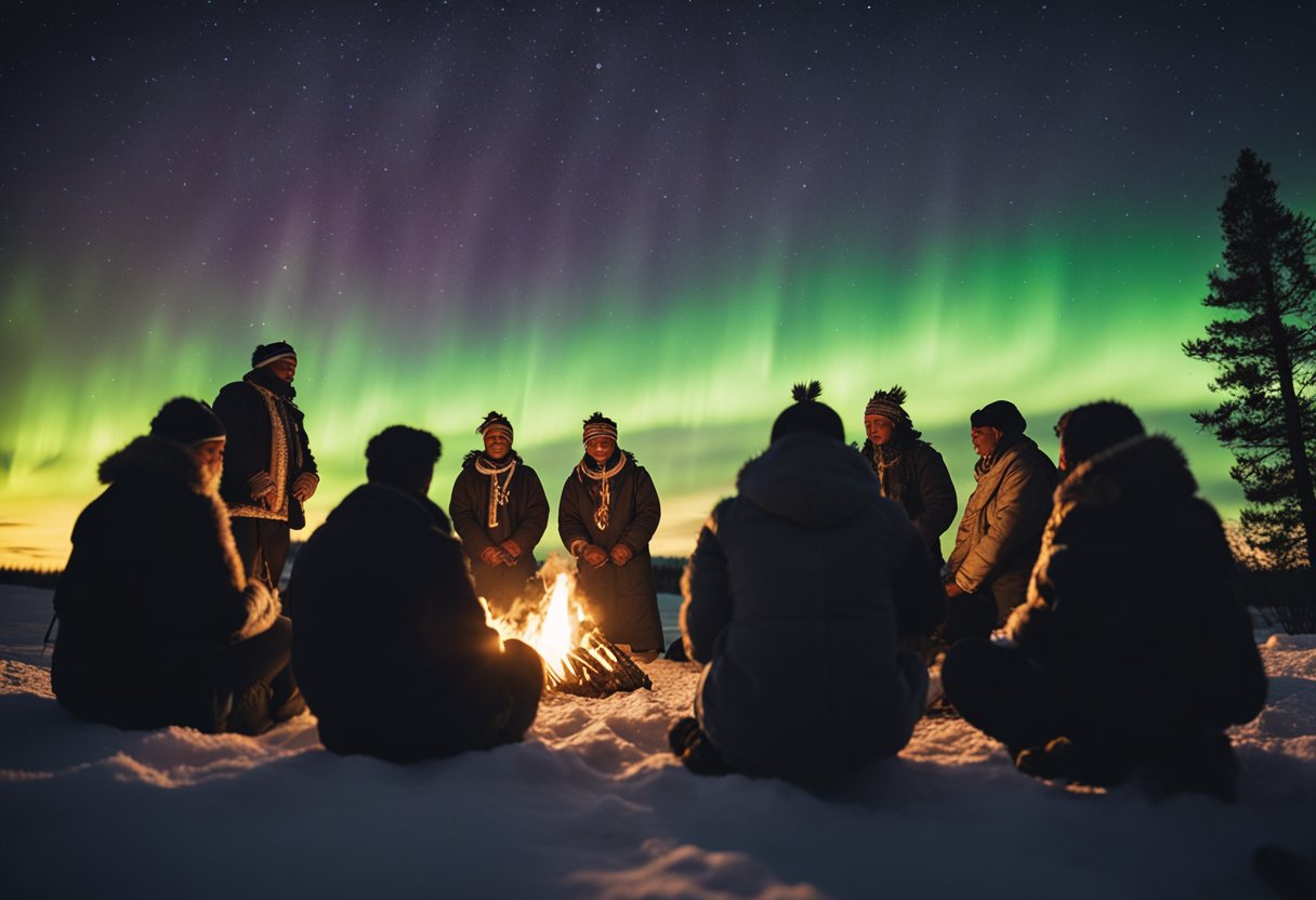 Under the Northern Lights: Discover Captivating Cultures and Traditions of the Arctic - A group of indigenous people gather around a ceremonial fire under the shimmering Northern Lights, engaging in traditional spiritual practices and rituals