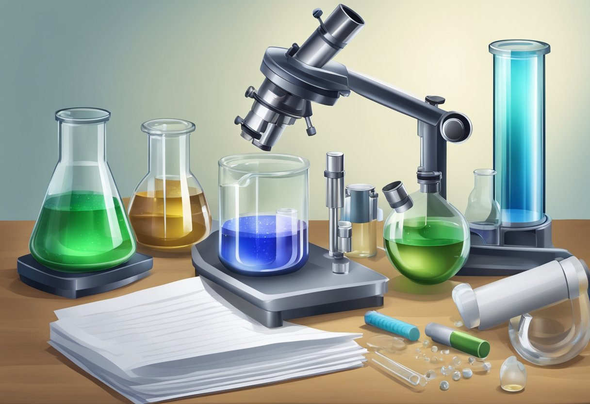 A lab bench with beakers, test tubes, and scientific equipment. A microscope and research papers on ozone and magnesium