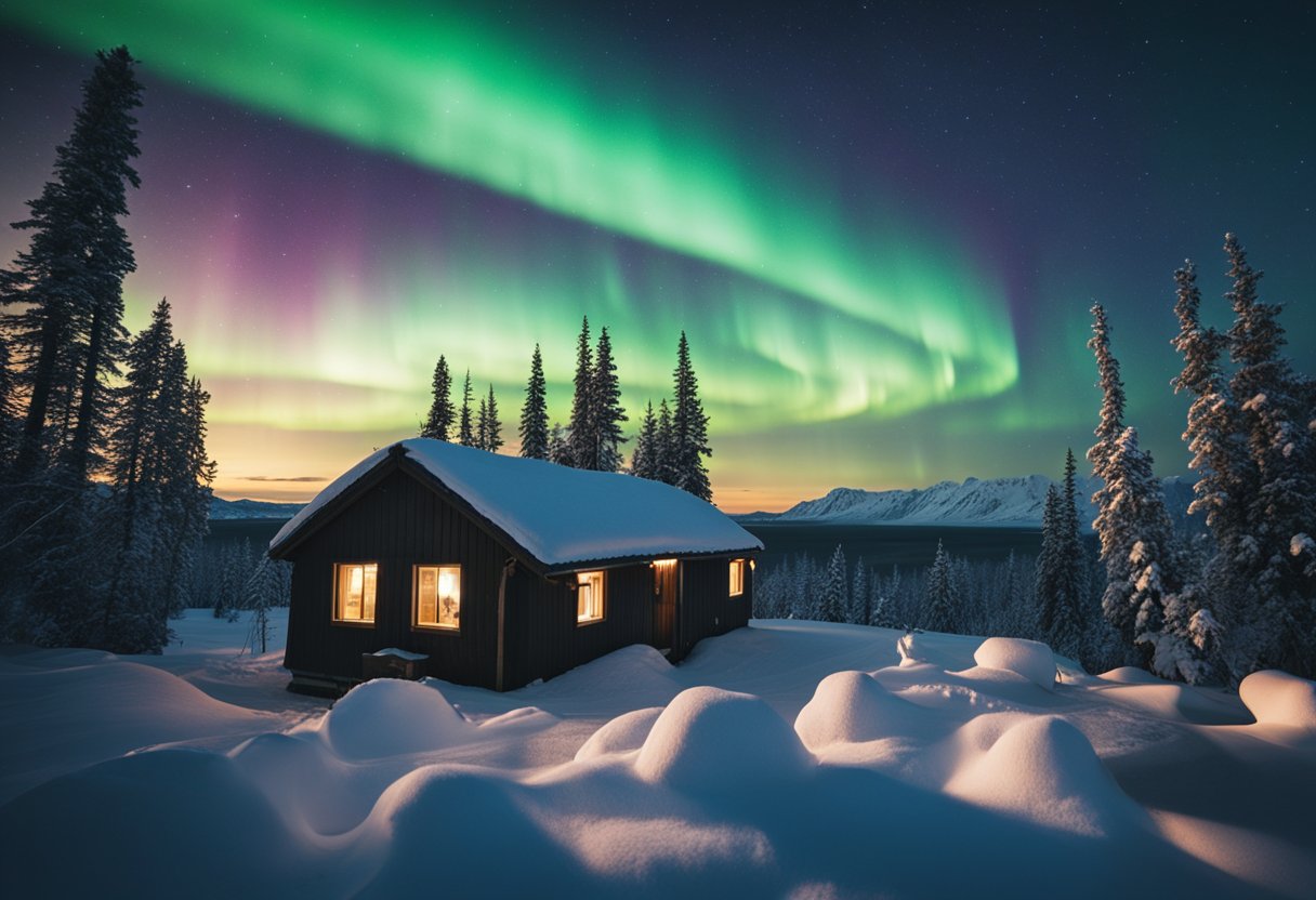 Under the Northern Lights: Discover Captivating Cultures and Traditions of the Arctic - Animals gather under the shimmering Northern Lights, surrounded by snow-covered landscapes and traditional Indigenous dwellings