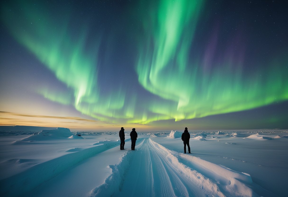 Under the Northern Lights -  Scientists observe the aurora borealis as it dances across the Arctic sky, while indigenous cultural symbols and artifacts are displayed nearby