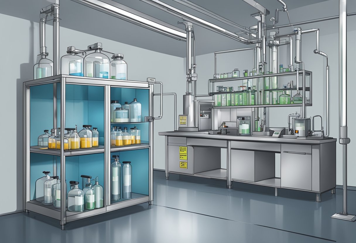 A laboratory setting with equipment and containers labeled "Regulation and Standards Ozonated Magnesium" in a controlled environment
