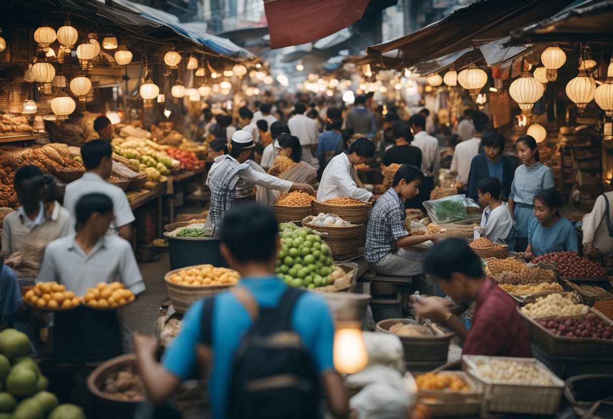 The Silk Road’s Digital Age: Navigating Contemporary Commerce and Cultural Interchange - A bustling marketplace with digital devices and traditional goods, connecting global cultures