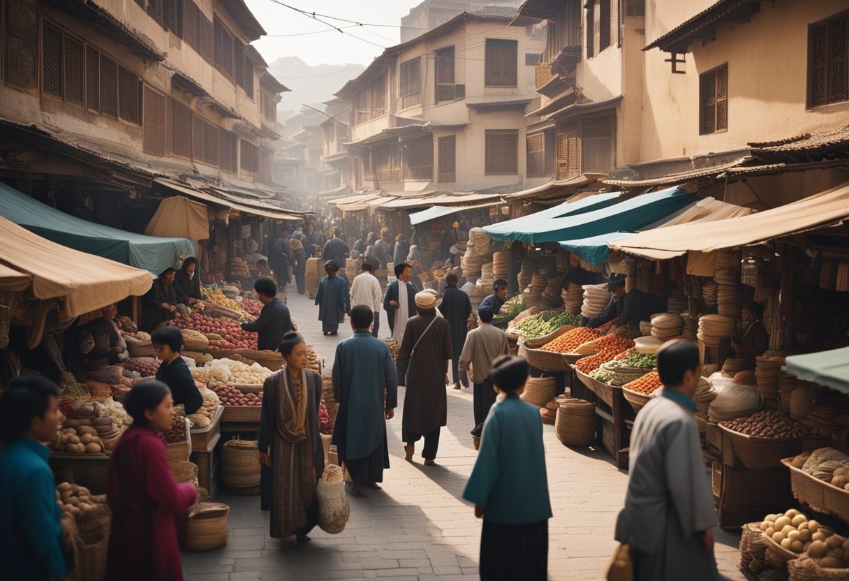 The Silk Road’s Digital Age: Navigating Contemporary Commerce and Cultural Interchange - A bustling marketplace filled with merchants and traders exchanging goods from different parts of the world, showcasing the vibrant cultural exchange and modern trade along the Silk Road