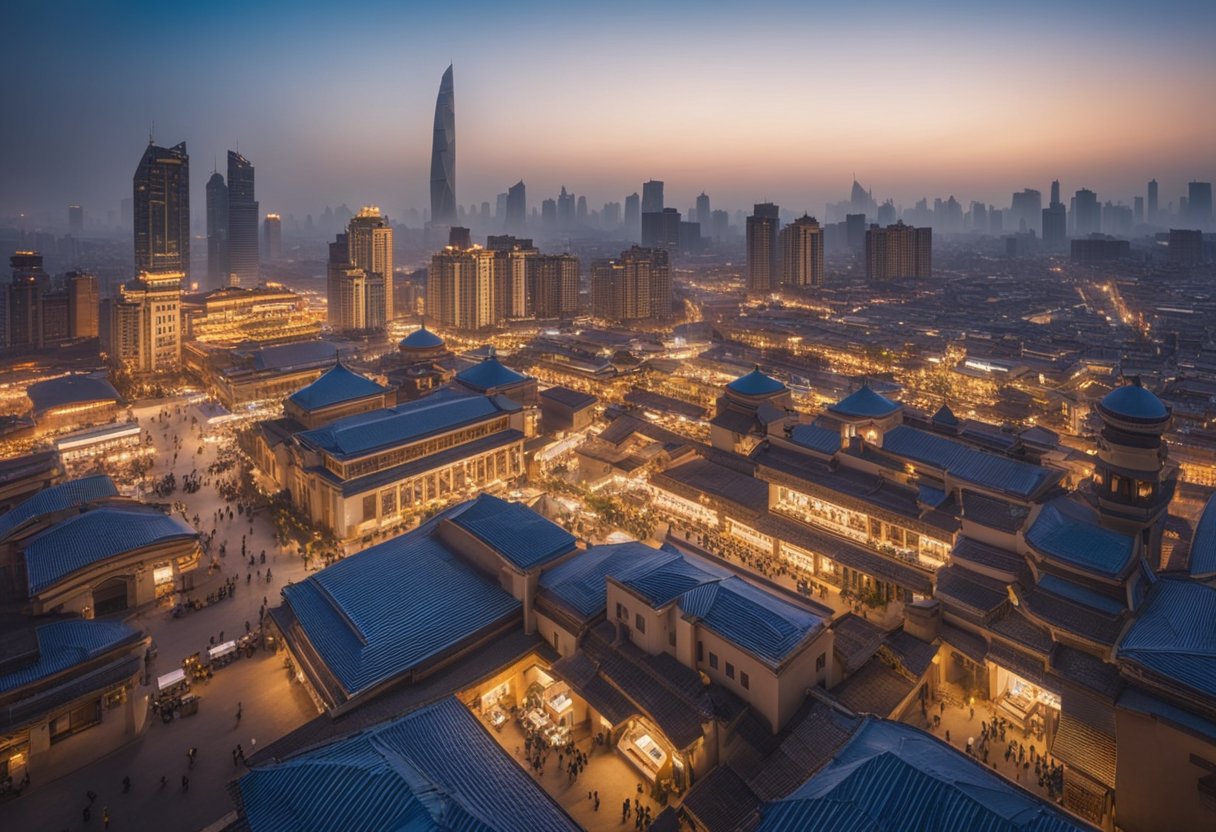 The Silk Road’s Digital Age: Navigating Contemporary Commerce and Cultural Interchange - Busy modern Silk Road cityscape with diverse architecture, bustling markets, and digital trade hubs. Cultural exchange evident in the mix of traditional and contemporary buildings