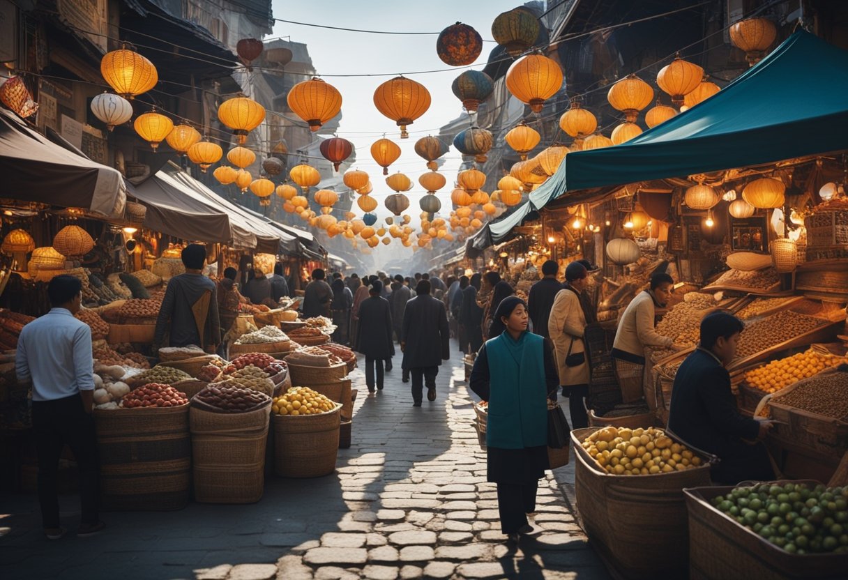A bustling marketplace with diverse The Silk Road’s Digital Age: Navigating Contemporary Commerce and Cultural Interchange - goods from different cultures, surrounded by vibrant art and music, symbolizing the modern Silk Road's trade and cultural exchange