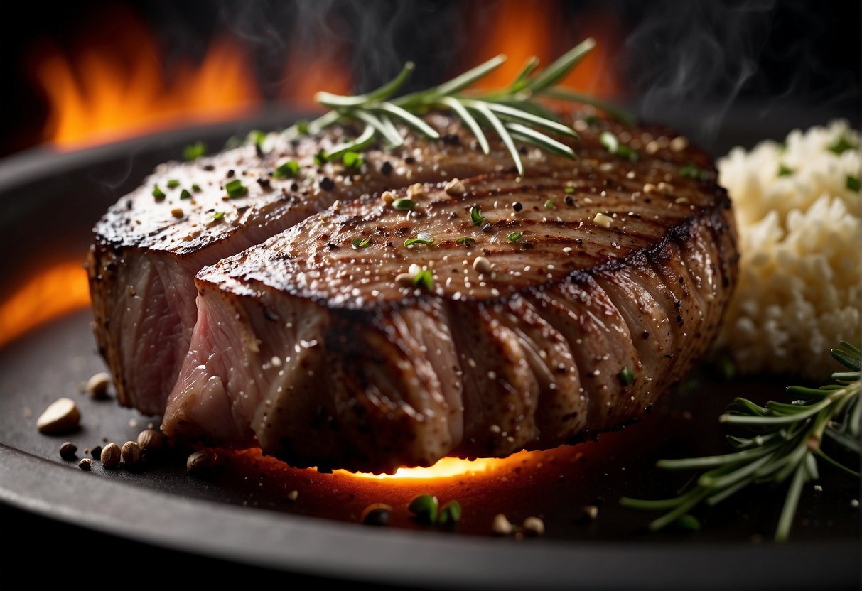 A steak sizzling in a hot oven at 350 degrees, surrounded by the aroma of herbs and spices