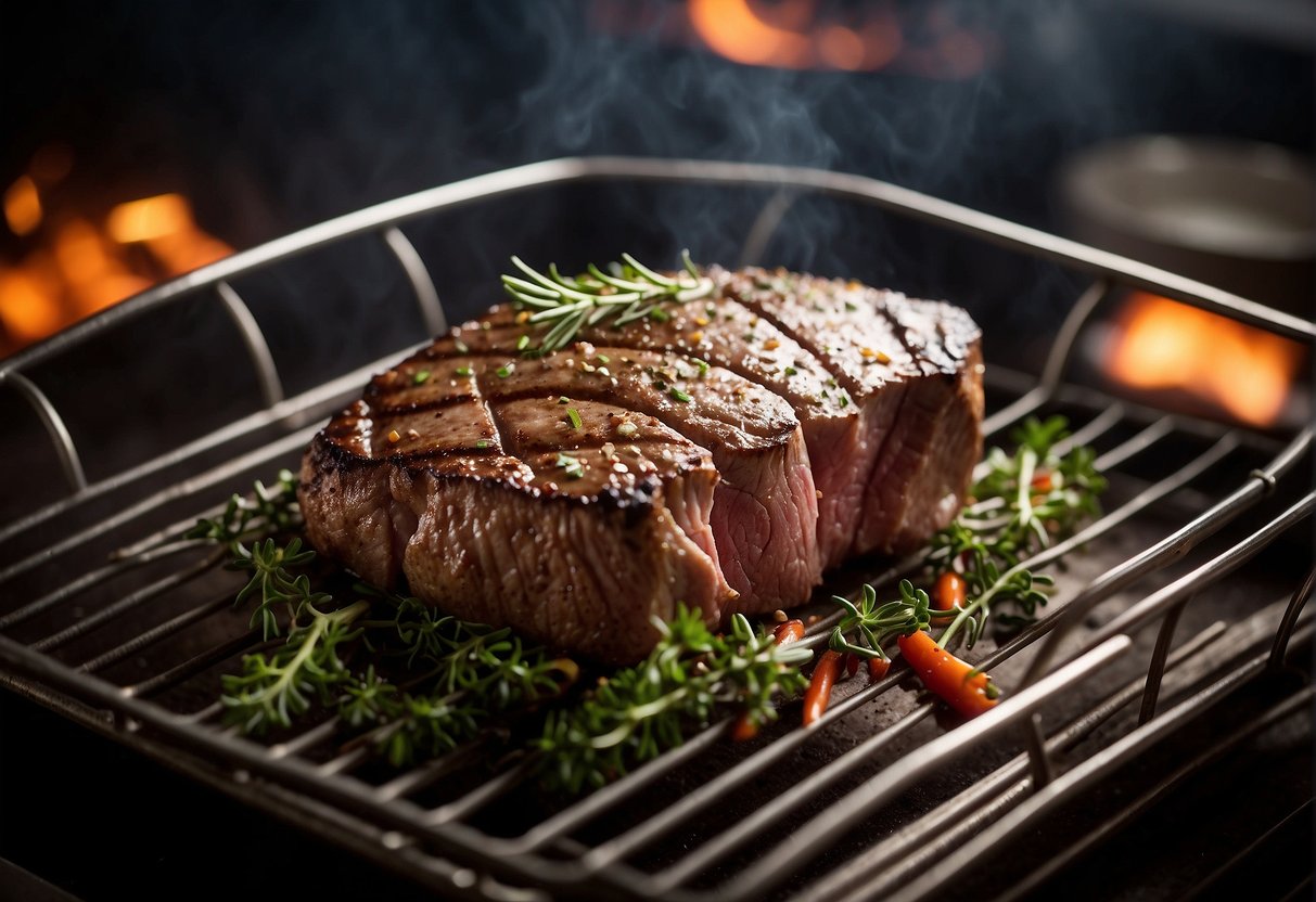 A steak sits on a wire rack in a baking dish, surrounded by seasonings. The oven temperature reads 350°F