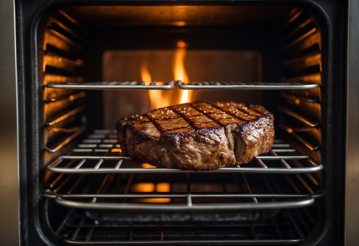 A steak sits on a wire rack inside an oven set to 350 degrees. Timer is set