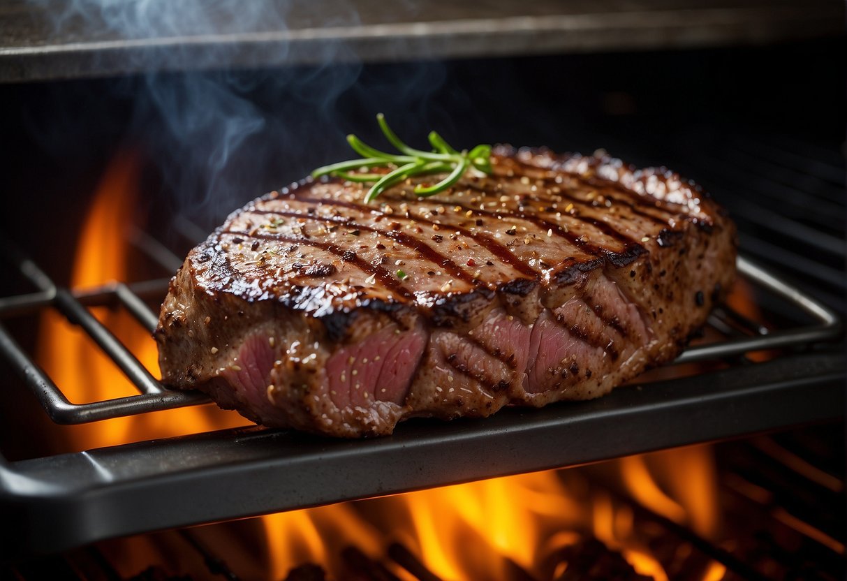 A steak sizzling in a hot oven at 350 degrees, with a timer set for the recommended baking time