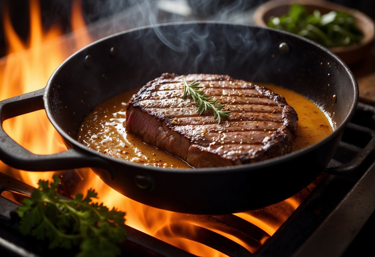 A steak sizzling in a hot, oiled pan, creating a golden-brown crust. The kitchen is filled with the aroma of searing meat