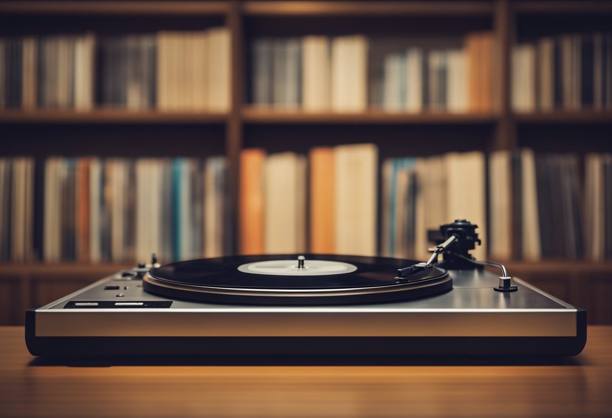 The Global Revival of Vinyl: Charting the Resurgence of Physical Music Formats - A turntable spins, needle gliding over grooves. Vintage album covers line shelves, while a warm glow illuminates the room