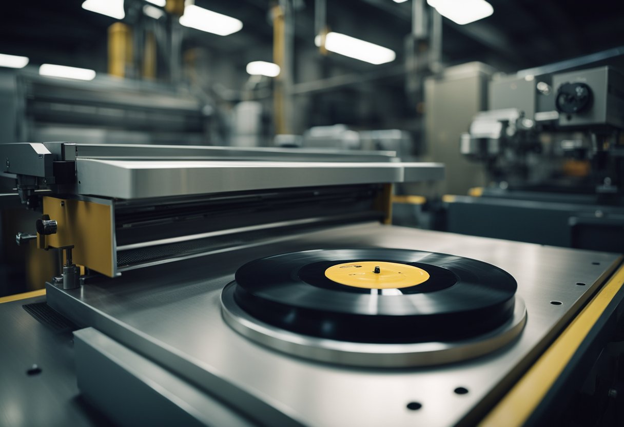 The Global Revival of Vinyl: Charting the Resurgence of Physical Music Formats - A vinyl press machine molds and shapes a vinyl record, while a conveyor belt transports the finished records to a packaging area