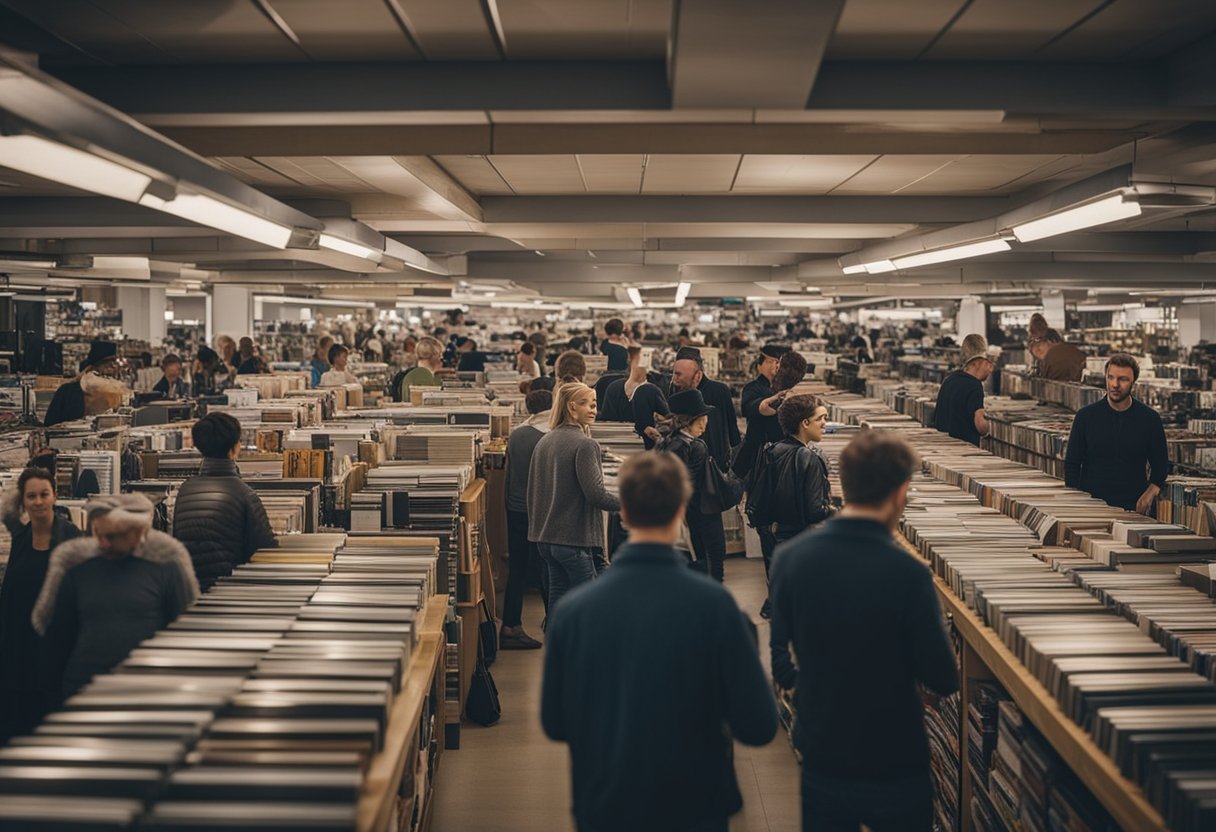 The Global Revival of Vinyl: Charting the Resurgence of Physical Music Formats - A crowded market with shelves of vinyl records. Customers browse and purchase, showing a resurgence in demand for physical music