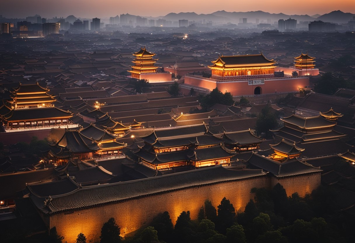A bustling cityscape with historic architecture, vibrant markets, and bustling streets. The scene is rich with cultural heritage and depicts the essence of a forbidden city
