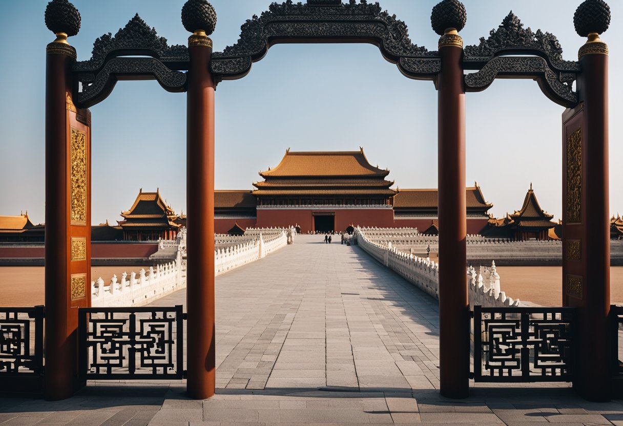 A grand palace gate opens to reveal a bustling city skyline, symbolizing the transition from monarchy to modernity. The Forbidden City stands in the background, representing closed communities around the world