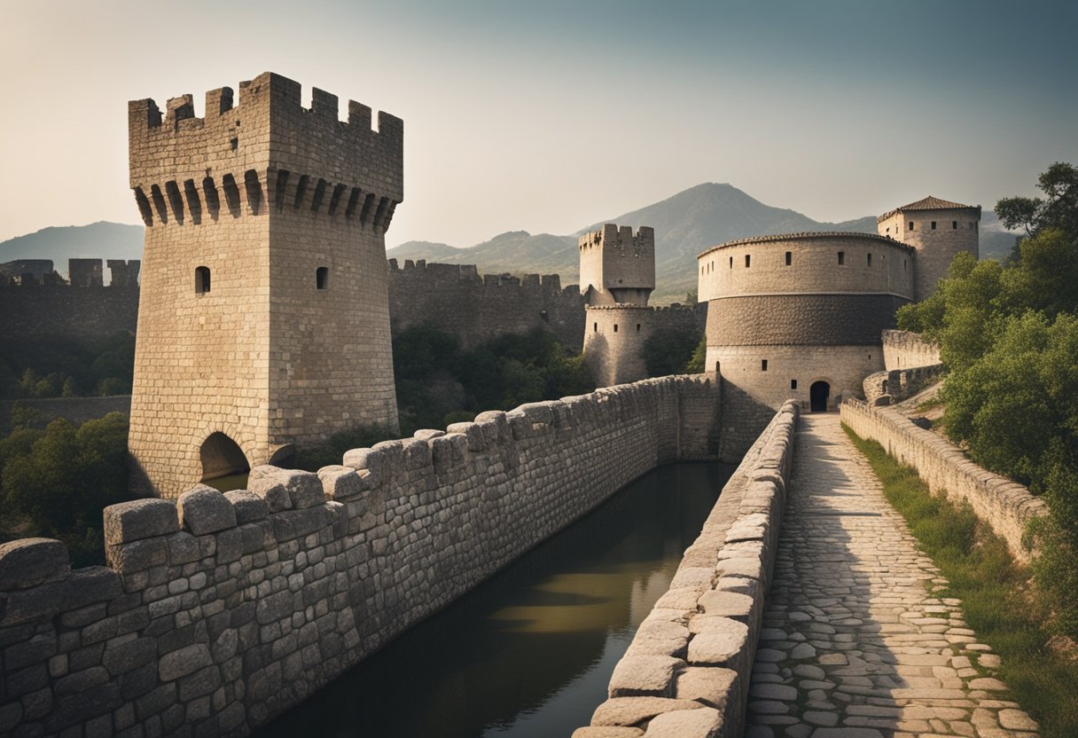 A towering stone wall encircles the ancient city, while watchtowers stand guard at strategic points. Moats and fortifications protect the city from all sides, creating a formidable barrier against intruders