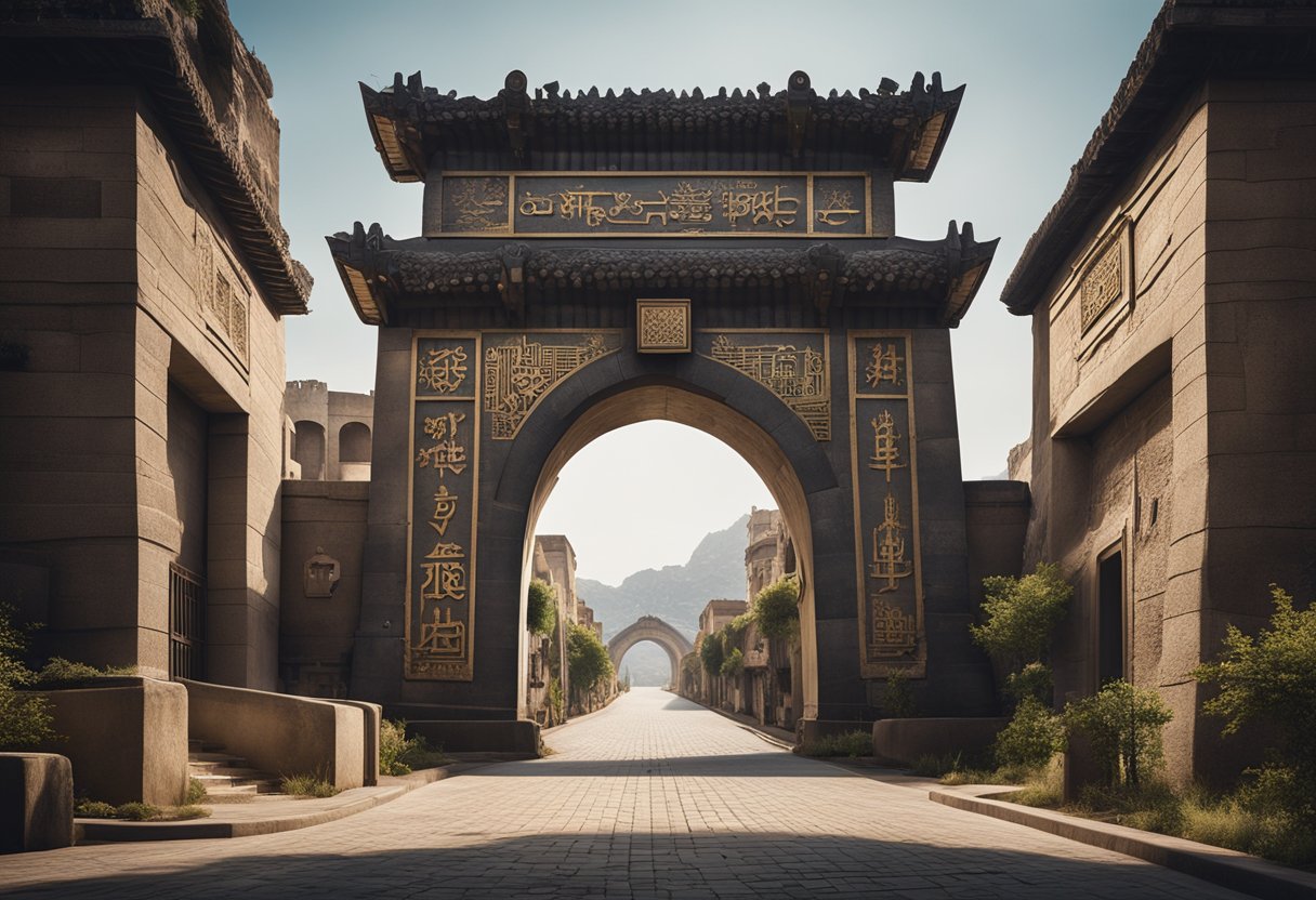 A towering city gate looms over a deserted street, its intricate design hinting at the mysteries within. The surrounding walls are adorned with ancient symbols, creating an aura of secrecy and seclusion