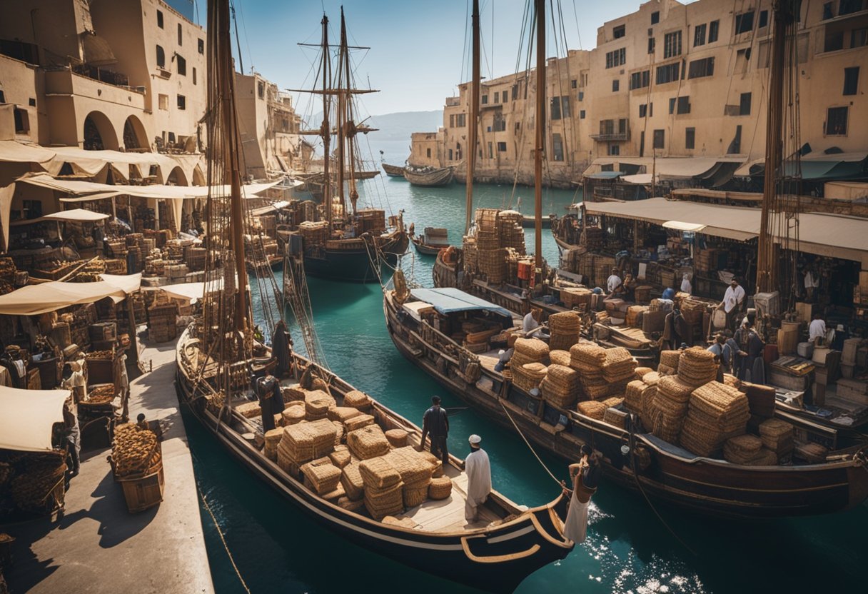 The Cultural Legacy of the Phoenicians: How Ancient Mariners Shaped Trade and Civilisation - A bustling Phoenician port, with ships unloading exotic goods and traders haggling in a market filled with vibrant textiles and precious metals