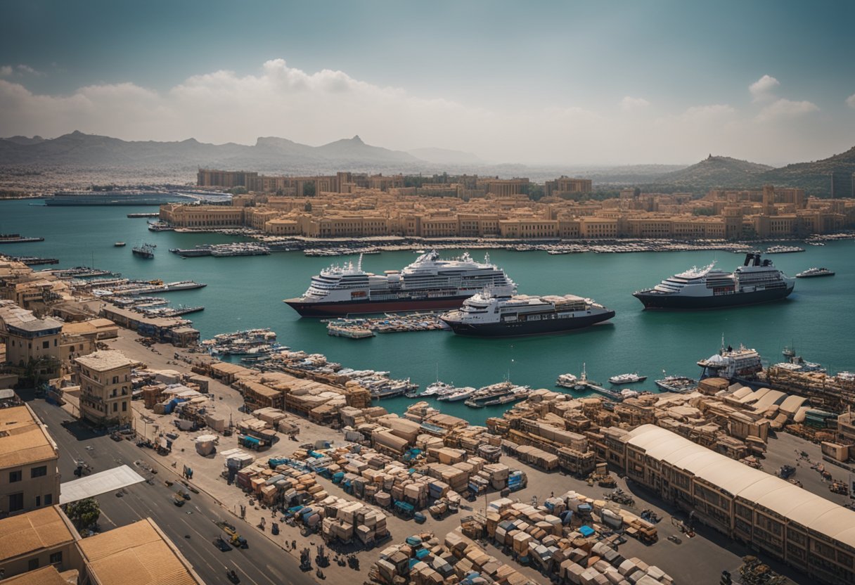 The Cultural Legacy of the Phoenicians: How Ancient Mariners Shaped Trade and Civilisation - A bustling Phoenician port with ships unloading exotic goods onto busy docks, surrounded by grand trading buildings and bustling market stalls