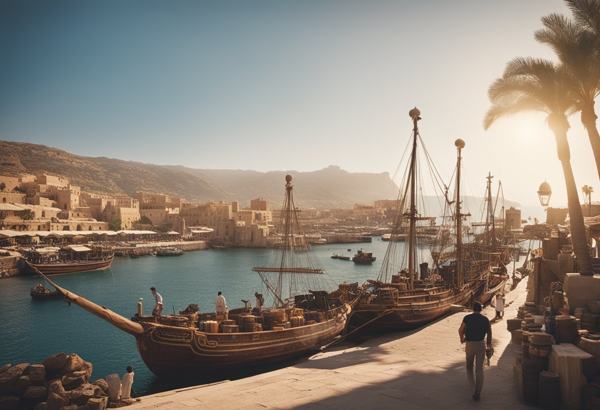 The Cultural Legacy of the Phoenicians: How Ancient Mariners Shaped Trade and Civilisation - A bustling Phoenician port with ships unloading exotic goods, artisans crafting intricate pottery, and musicians playing lively tunes