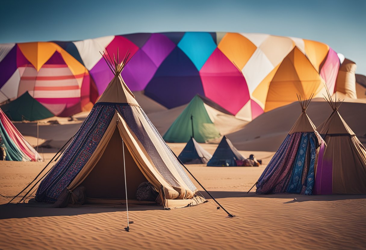 A desert landscape with traditional nomadic tents and colorful textiles, surrounded by modern art installations and design elements