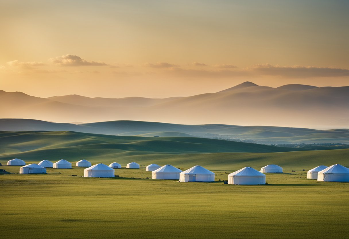 A vast open plain with yurts scattered across the landscape, surrounded by grazing livestock and a clear blue sky above