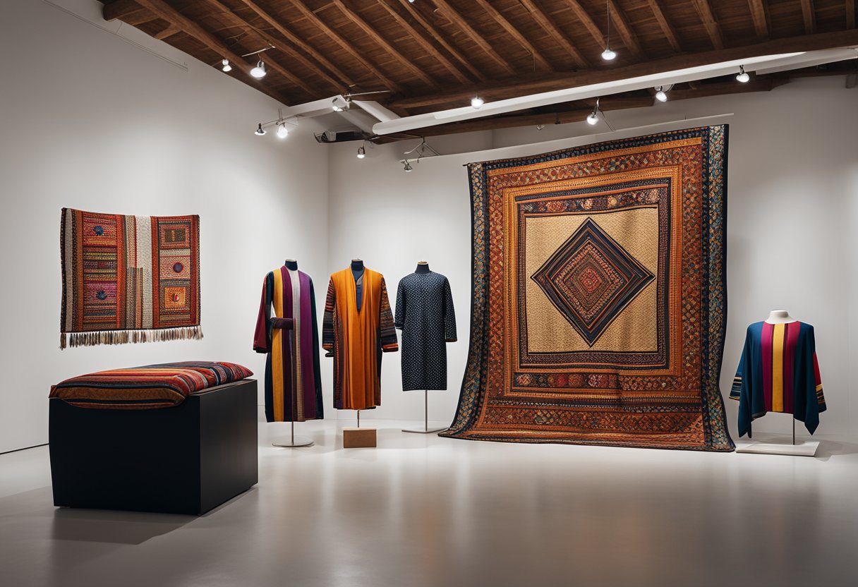 A colorful array of traditional nomadic textiles and artifacts displayed alongside modern art and design pieces in a sleek, minimalist gallery space