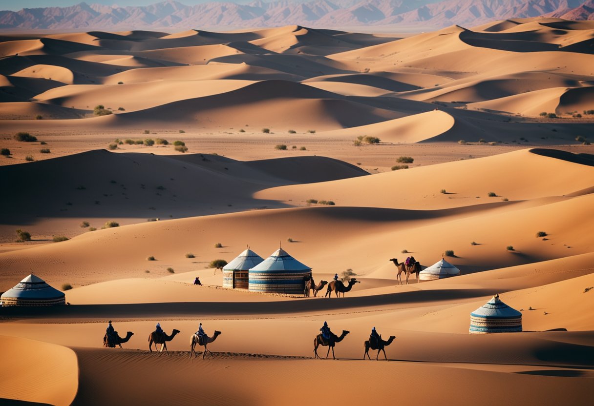 A vast desert landscape with traditional yurts, camels, and nomadic people traveling with their herds, surrounded by vibrant textiles and intricate patterns