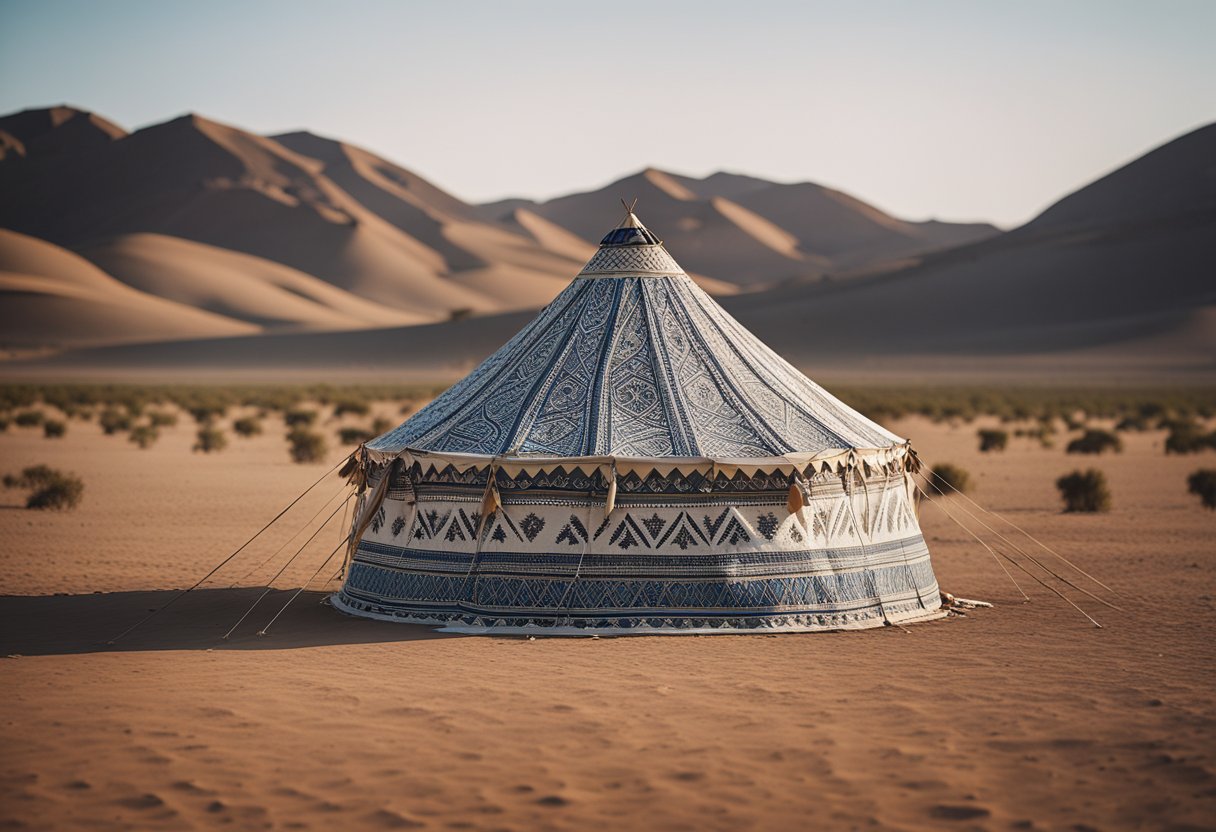 A nomadic tent stands in a vast desert landscape, surrounded by grazing livestock. The intricate patterns and designs of the tent's fabric reflect the influence of nomadic cultures on contemporary art and design