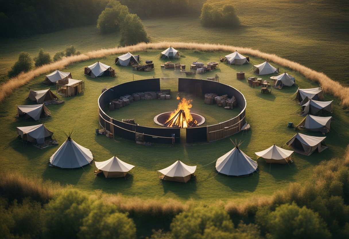 A group of nomadic tents arranged in a circular pattern, surrounded by grazing animals and a central fire pit, symbolizing community and connection