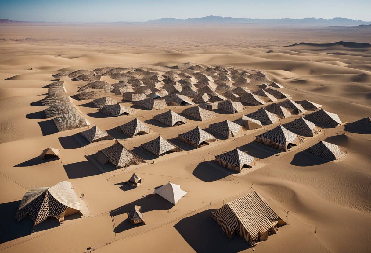 A vast desert landscape with modern art installations blending with traditional nomadic tents and patterns. The contrast of old and new symbolizes the influence of nomadic cultures on contemporary art and design