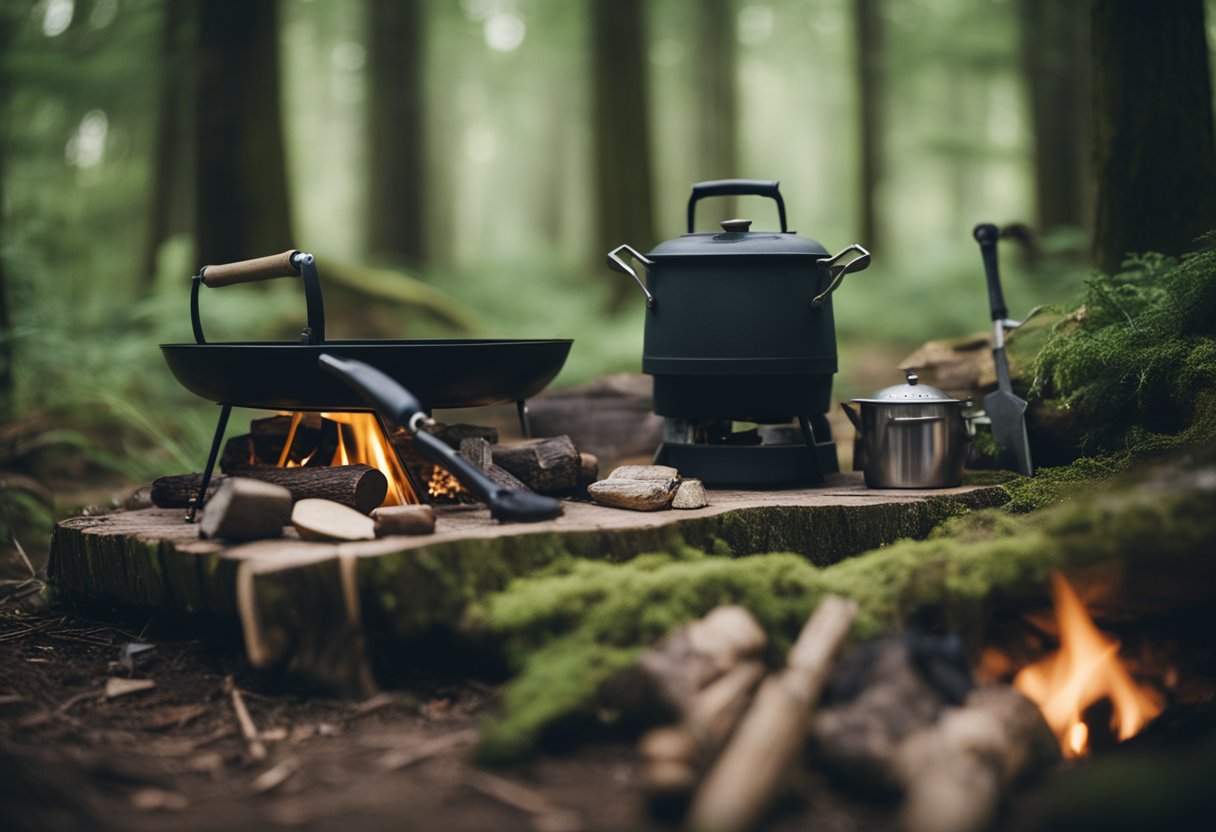 A secluded campsite in the woods, with a crackling fire, a handmade shelter, and various tools for carving, cooking, and foraging