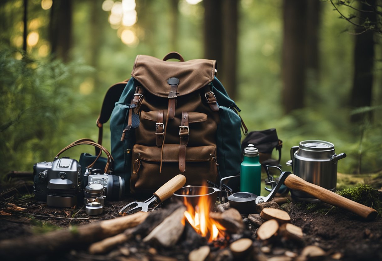 An outdoor scene with a person's backpack, a campfire, and various tools and equipment scattered around. The person is surrounded by trees and natural elements, showcasing the essence of bushcraft as a hobby