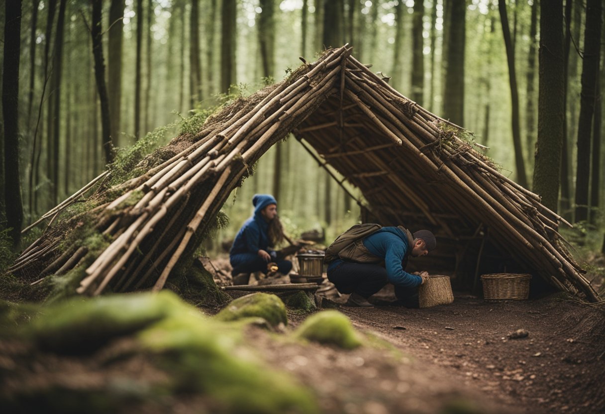 A person skillfully constructs a shelter in the woods using natural materials, showcasing their bushcraft abilities and passion for the hobby