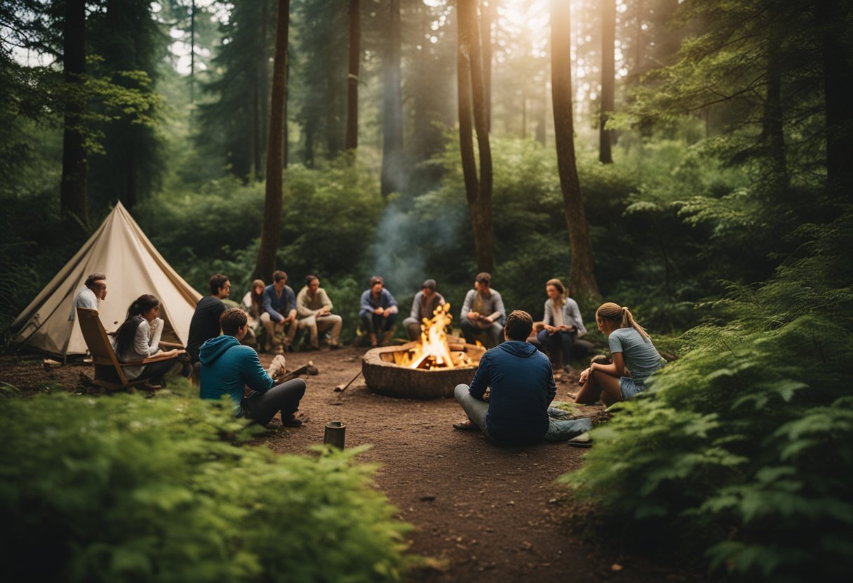 A cozy campfire surrounded by handmade shelters in a lush forest clearing. A person is carving wood nearby, while others gather wild plants and tend to a small garden