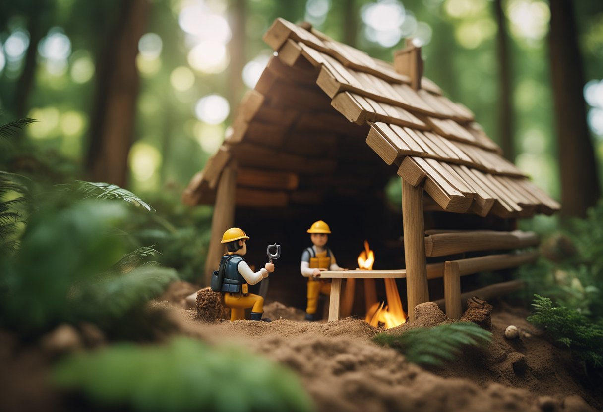 A figure constructs a shelter in a lush forest, while another builds a fire on a sandy beach. Both are surrounded by natural elements