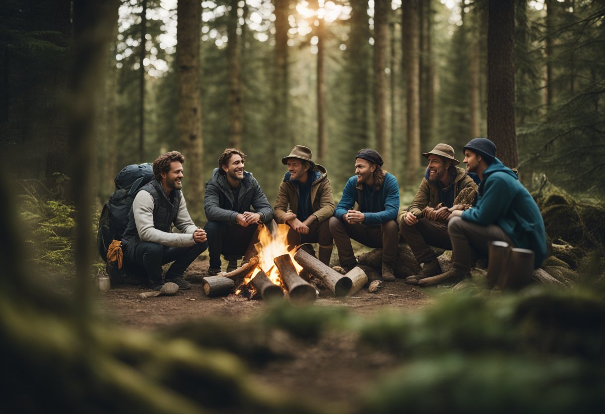 A group of people gather around a campfire, sharing stories and skills. Tents and tools are scattered around, creating a sense of community and culture in the bushcraft hobby