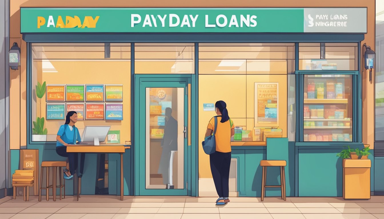 A person walks into a storefront with a sign that reads "Payday Loans Money Lender Singapore". The interior is simple with a counter and a few chairs. A friendly staff member assists the customer
