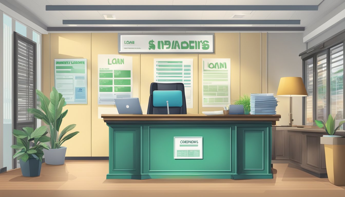 A money lender's office with loan terms and conditions displayed. A payday loan sign is prominent. Singaporean imagery is subtly incorporated