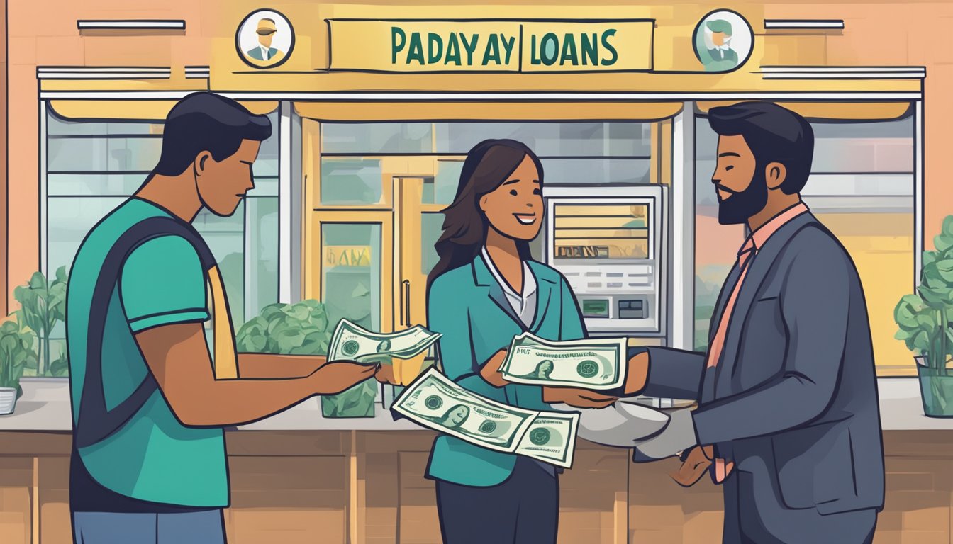 A person receiving cash from a money lender, while a sign displays "Payday Loans" and "Types of Loans and Their Uses" in the background