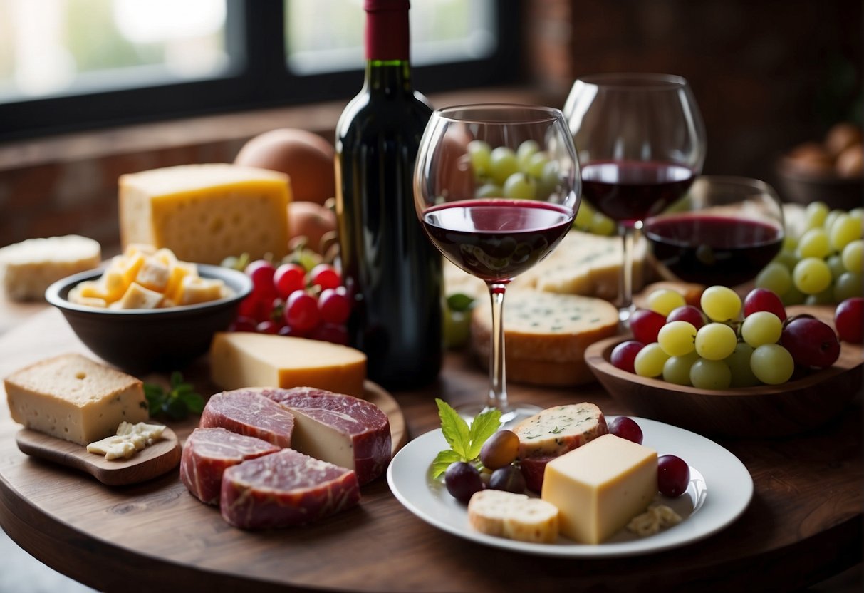A table with a variety of red wine types, surrounded by cheese, meats, and fruits for pairing