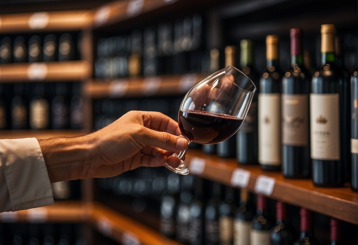 A hand reaches for a bottle of red wine on a shelf, surrounded by various types of red wine displayed in a wine shop