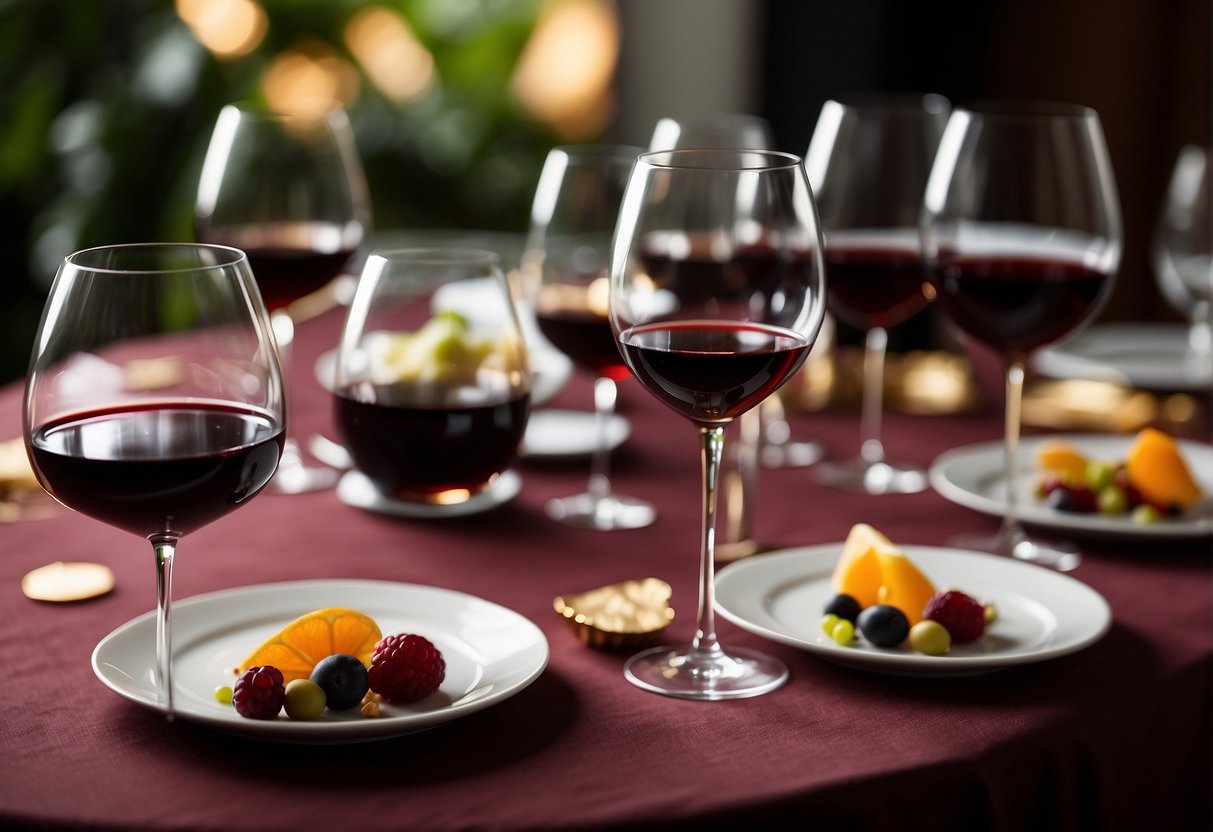 A table set with a variety of elegant wine glasses, each filled with a different type of rich red wine. A bottle of each wine type is displayed alongside the glasses, creating a sophisticated and inviting scene