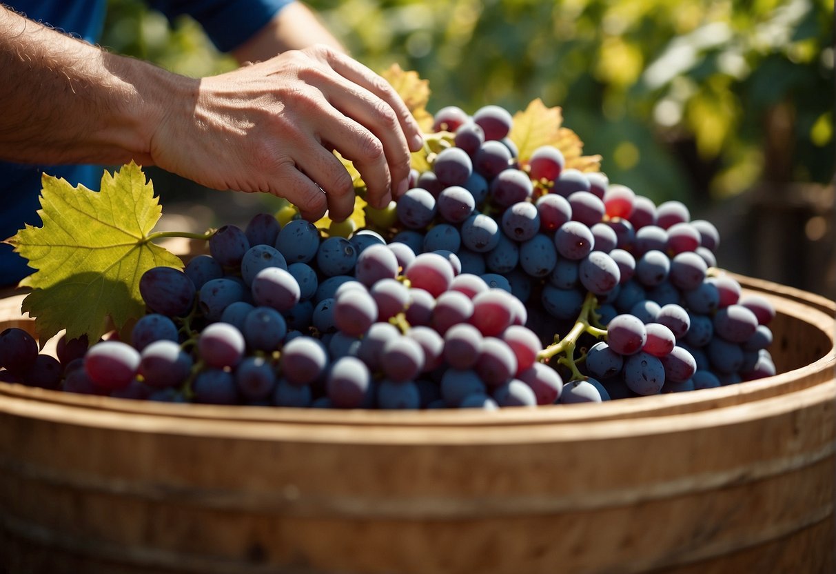 Grapes being harvested and crushed, juice fermenting in barrels, wine aging in oak barrels, and bottles being labeled and packed for distribution