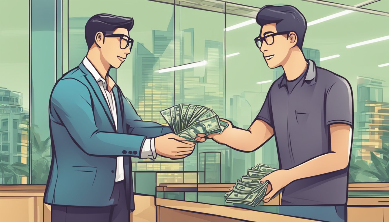 A person receiving cash from a moneylender in Singapore for unexpected expenses