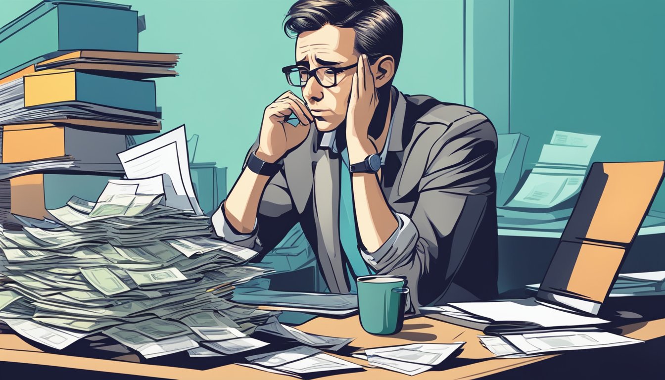 A person sitting at a desk, looking at a computer screen with a worried expression. A stack of bills and papers is scattered on the table, indicating financial stress