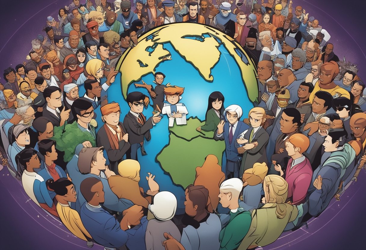 Comic book characters from different cultures gather around a globe, exchanging ideas and influences through their respective works