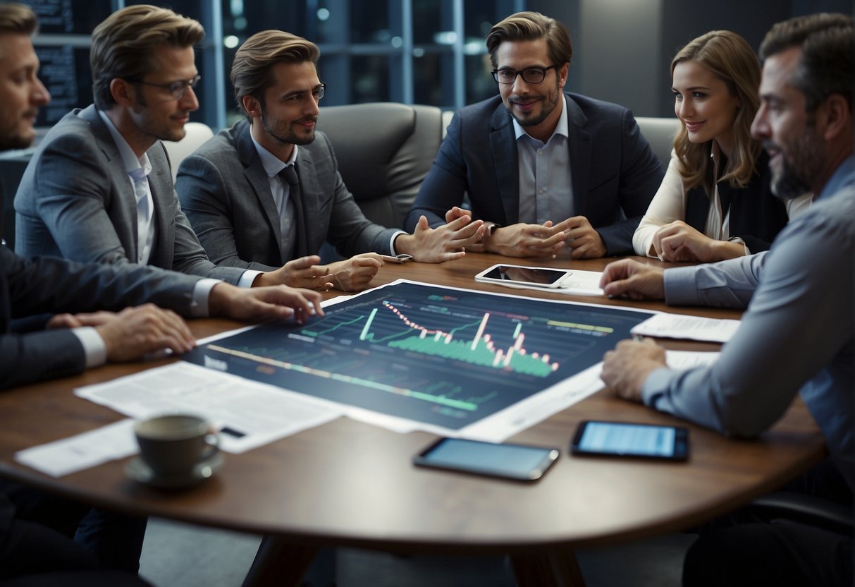 A group of people gather around a table, exchanging knowledge and resources about stock trading. Charts and graphs are spread out, and lively discussion fills the room