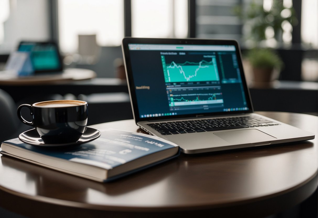 A stack of books on stock trading sits on a desk, surrounded by a laptop, financial charts, and a cup of coffee