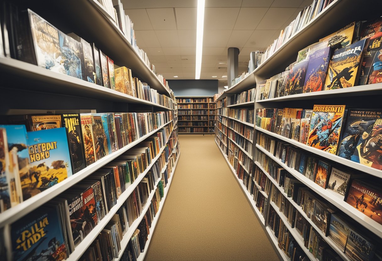 A diverse collection of comic books and graphic novels from around the world displayed on shelves in a well-lit academic library